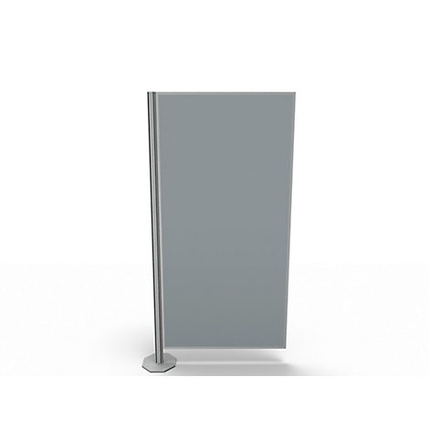 Gray advertising sign with silver holder, against white background.