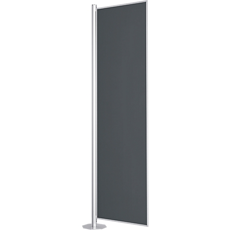 Grey freestanding room divider. Silver frame and base. The wall is rectangular.