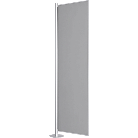 Gray freestanding room divider with silver, round base and vertical pole.