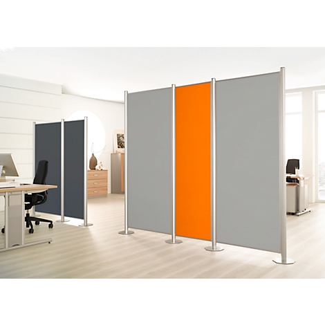 Gray and orange office partitions, aluminium frames, in a bright office.