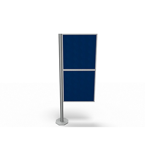 An information stand with two blue boards. The boards are divided by a silver line and stand on a silver foot.
