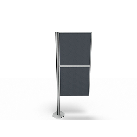 Gray display board with two panels, metallic framed, on a metallic base.