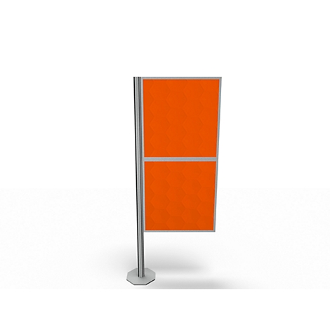 A freestanding orange screen system with silver frames and base against a white background.