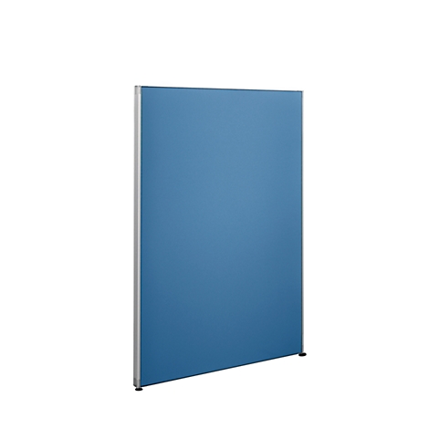 Blue office partition, rectangular, with silver frame and black feet.