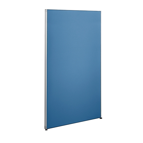 Blue, rectangular room divider with a metal frame, isolated on a white background.