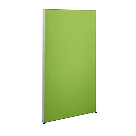 Green freestanding office partition with a silver frame. The wall stands slightly angled against a white background.