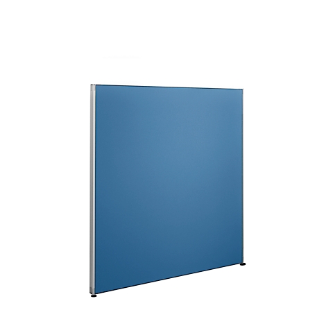 Blue rectangular room divider with silver frame, against a white background. It stands at a slight angle.