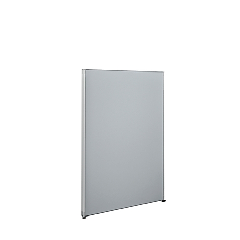 Grey, rectangular partition with silver frame. Standing on a white background.