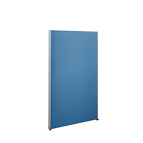 Blue room divider with silver edges and black feet.