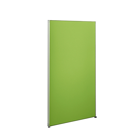 Green room divider with an aluminum frame. The surface is smooth and light green. The wall stands on two small feet.