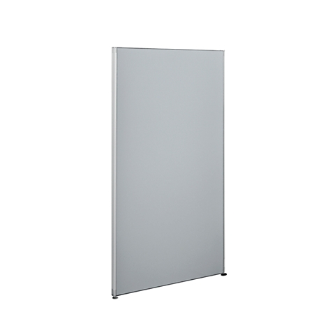 Gray, rectangular office partition with silver frame. Stands on two small feet.