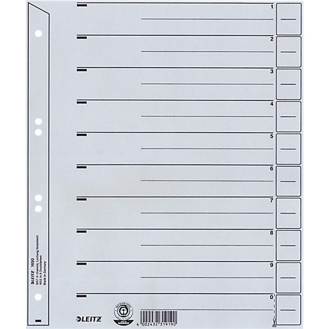 Transparent divider sheets with horizontal lines and labels from 1 to 0. Perforation on the left. Brand: LEITZ.