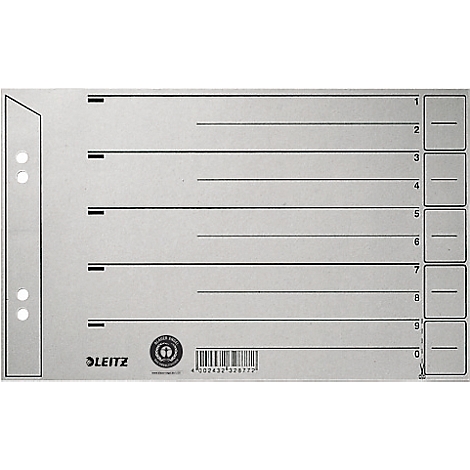 Grey index card holder with horizontal lines and labels. The edges are irregularly shaped, with holes for filing.