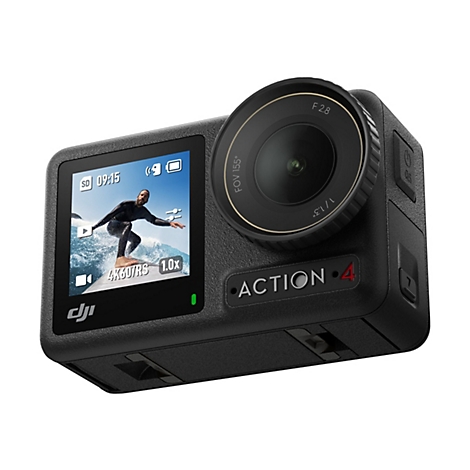 DJI Action 4 Kamera in Schwarz mit aktivem Display, das einen Surfer zeigt.