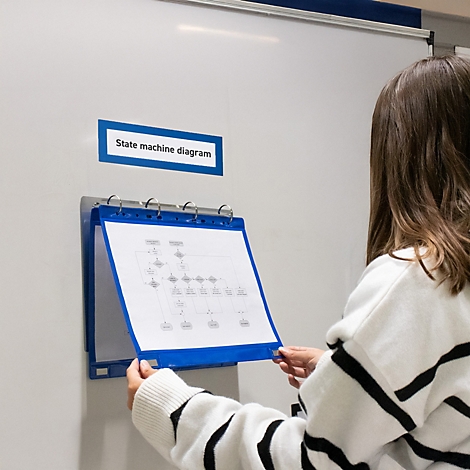 Eine Person betrachtet ein Zustandsdiagramm in einer blauen Dokumententasche an einer Whiteboard-Wand.