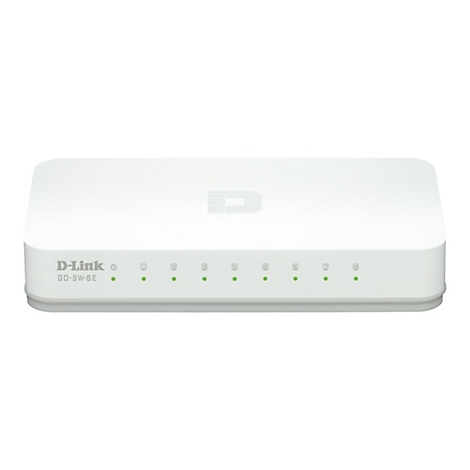 Weißer D-Link Netzwerk-Switch mit grünen LEDs.