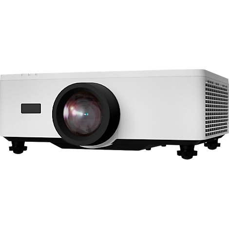 White projector with a large lens, black rim, and ventilation slits.