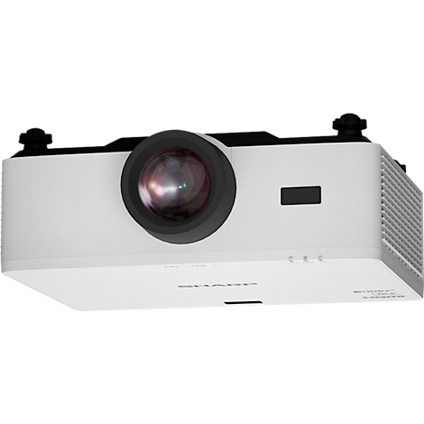 Close-up of a white projector with a black lens and details. Focus on the front of the device.