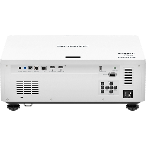 Back of a white SHARP projector with ports and controls. Black lettering identifies the details.