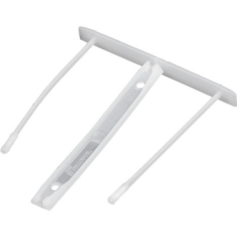 A white lever clip for folders, with elongated arms and holes.