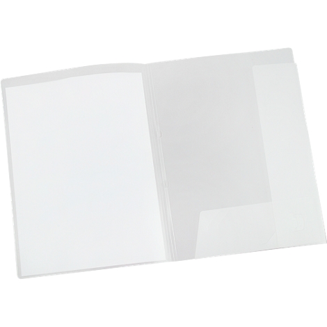 Opened transparent presentation folder filled with white paper. The focus is on the contents of the folder.