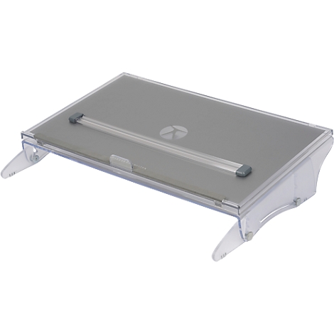 Gray, elevated laptop stand made of transparent plastic, with a silver metal bar.