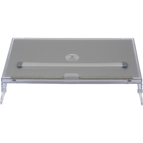 Transparent document holder standing on two legs. In front there is a small support that can be used for setup.