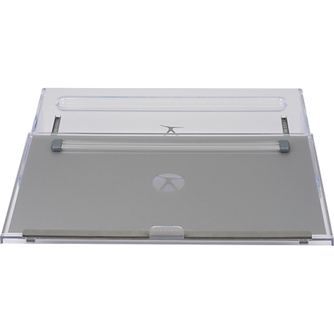 Transparent case with grey lid and a logo in the center.