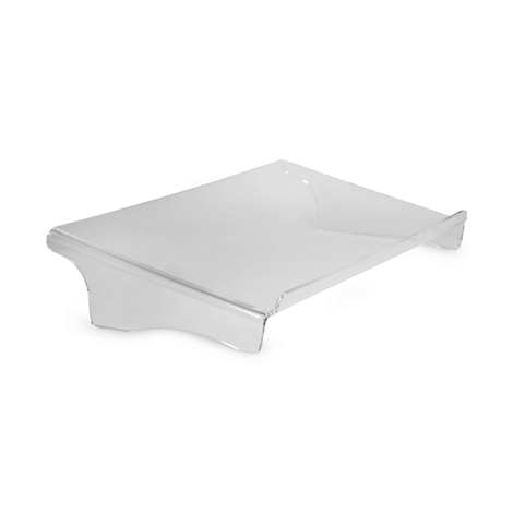 Clear, rectangular acrylic plate with rounded edges, bent upwards on one side. On a white background.