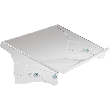 Transparent, corner wall shelf made of plastic, mounted to the wall with screws.