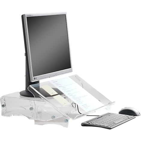 A computer workstation with a monitor, keyboard, and document holder made of transparent plastic.