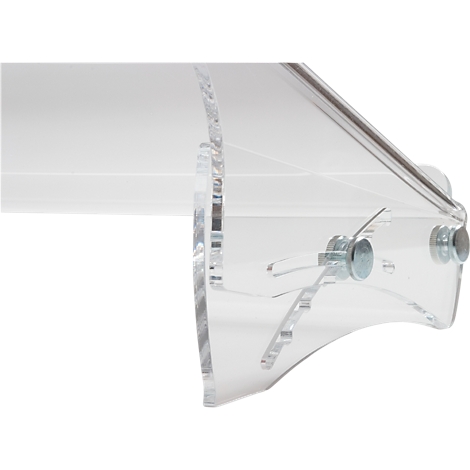 Close-up of a transparent acrylic angle, fixed with screws.