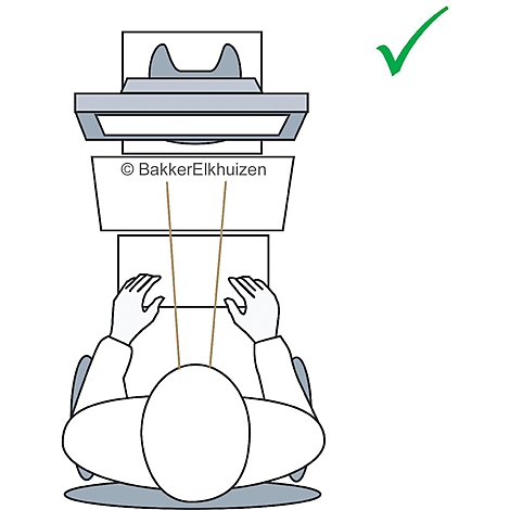 Top view of a desk. Person in front of laptop, the angle is marked with green checkmark. © BakkerElkhuizen