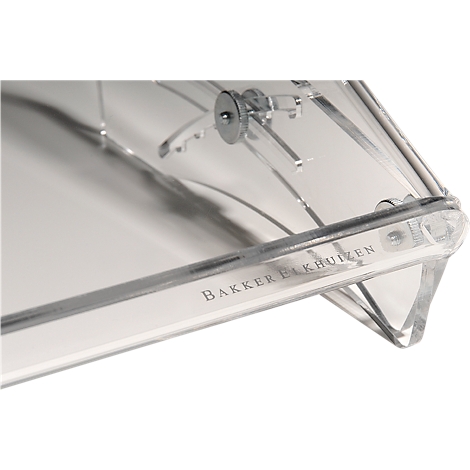 Close-up of a transparent plastic part with the lettering "Bakker Elkhuizen".