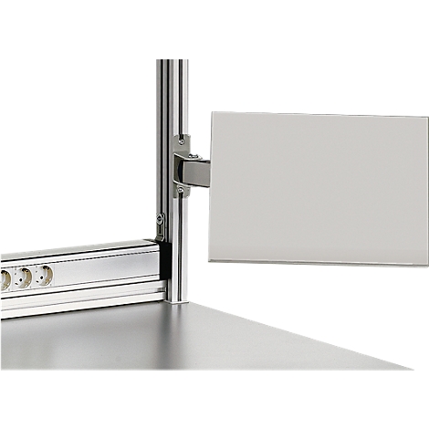 Close-up of a sign holder. A rectangle hovering in front of the desk, secured with metal.