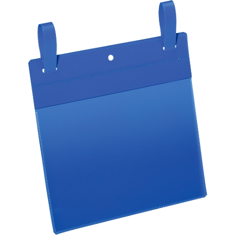 Blue document sign with hangers, front reflects.