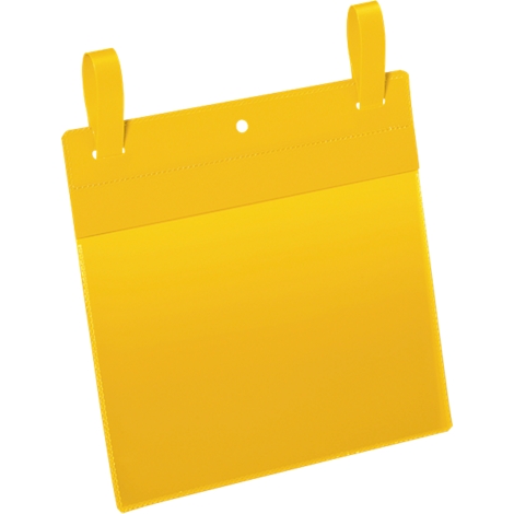 Yellow, rectangular bag with two loops at the top. A hole is visible in the top part.