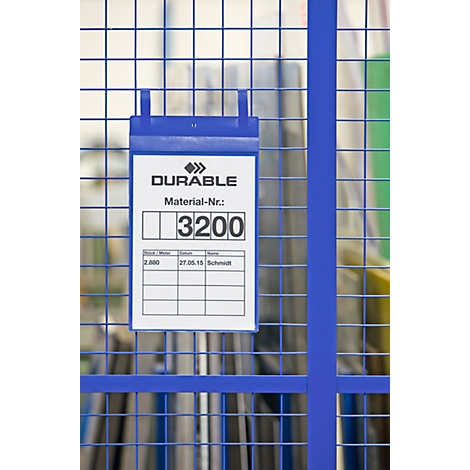 Blue sign with "DURABLE", Material No. 3200, on a blue grid. Below is a table with data.