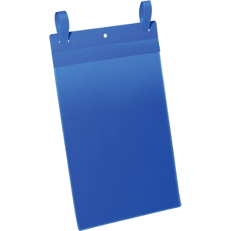 Blue sign with loops for hanging, shades of light to dark blue.