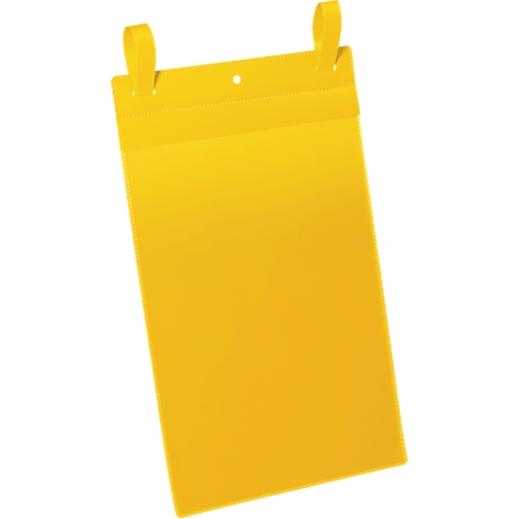 Yellow, rectangular sign with two loops at the top and a hole in the middle. Tilt.