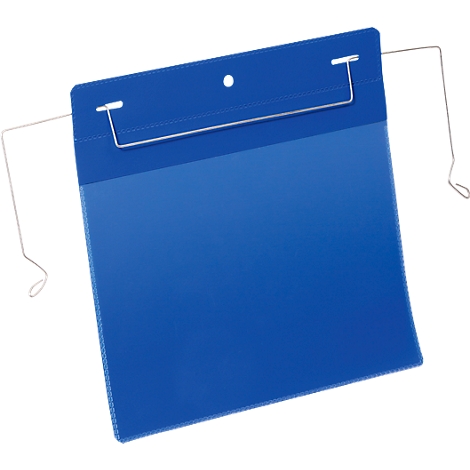 Blue name tag with metal brackets. The tag has a hole in the top center.