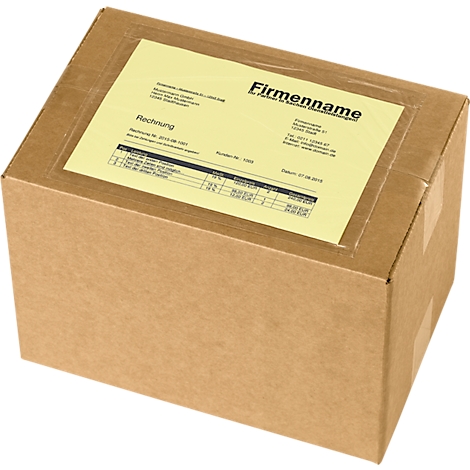 A cardboard box with a yellow invoice sticker.