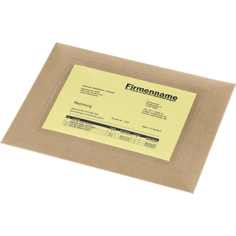 Invoice in a brown envelope. The yellow paper says 'Firmenname' and includes invoice details.