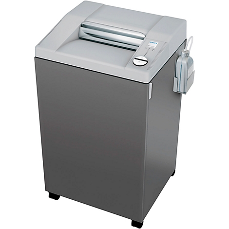 A grey shredder, detail shot. On wheels, with control panel, paper output, and oiler.