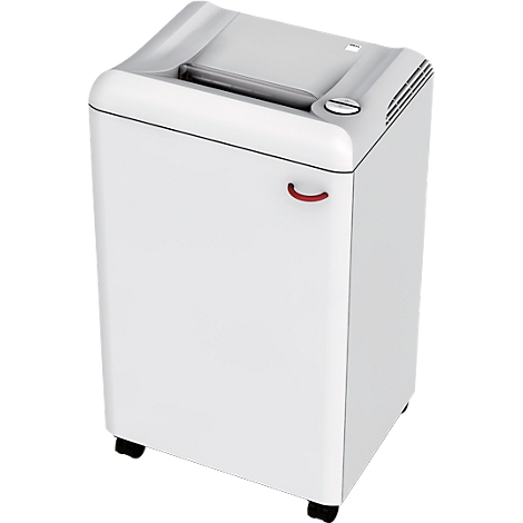 White shredder with light grey lid and red handle, standing on small wheels.