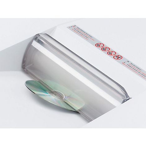 CD in foil in an envelope. A red sticker with symbols is visible on the envelope.