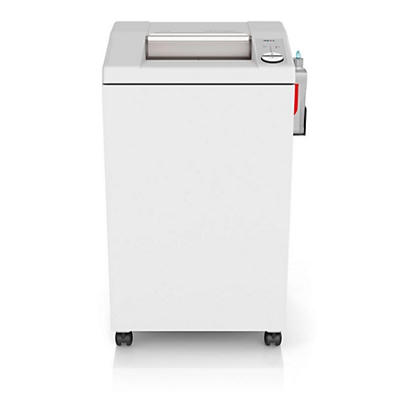 White paper shredder with wheels. Top with feed slot and control panel, red container on the side.