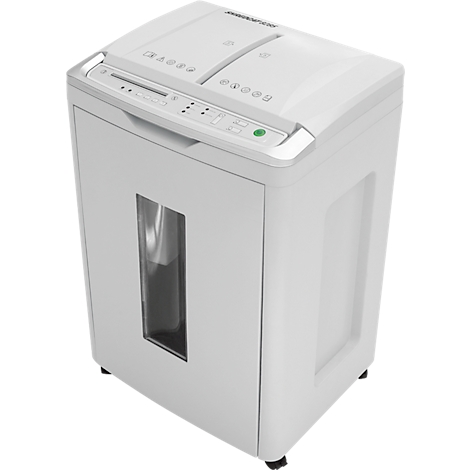 White paper shredder. Control panel on top, green start button. Viewing window for the collection container.