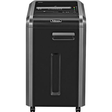Paper shredder with control panel and logo. Black body with silver sides and rollers.