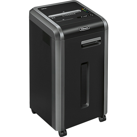 Black paper shredder with grey frame and wheels.